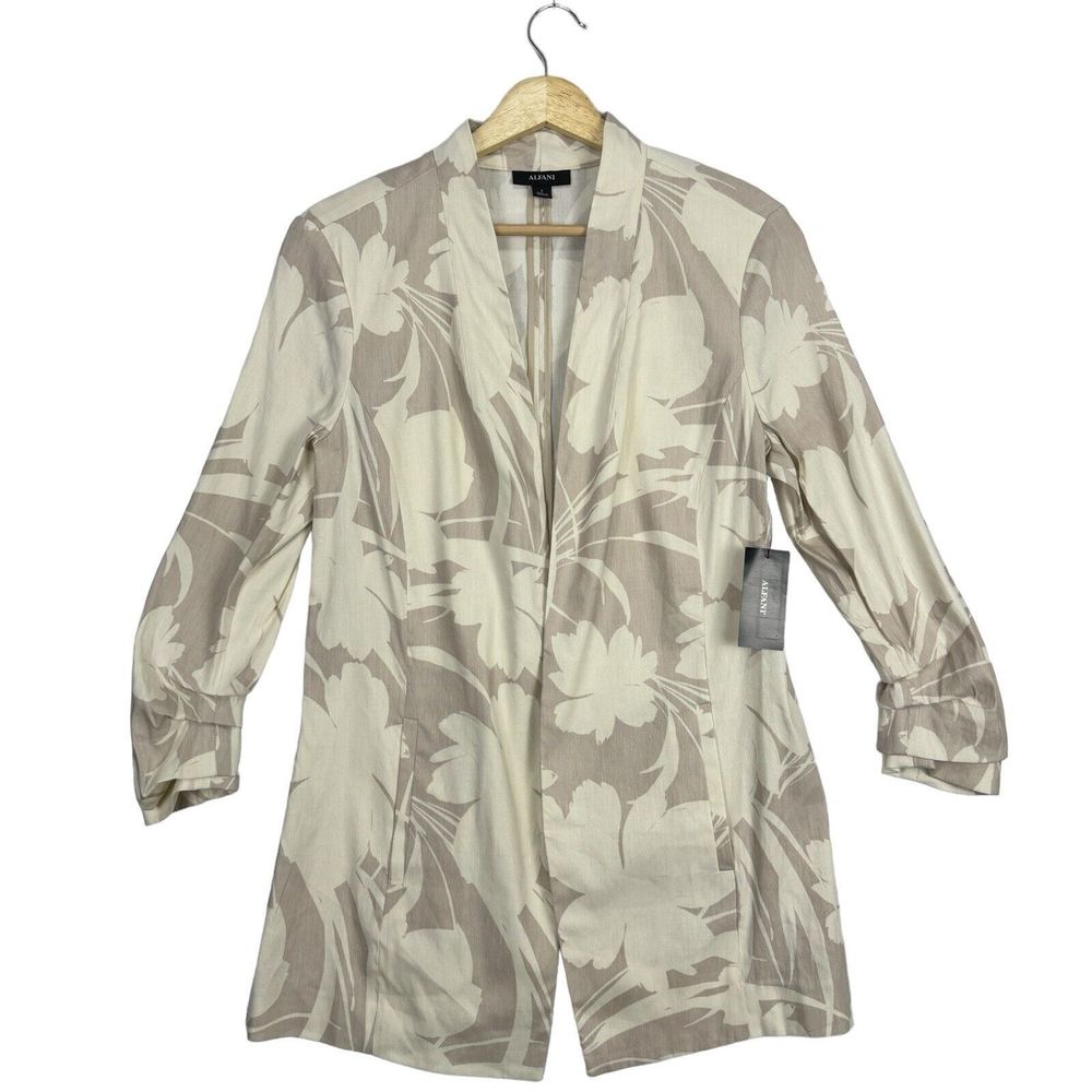 Alfani Floral Linen Cardigan Size Small Long Tan Draped Open Front Ruched Sleeve